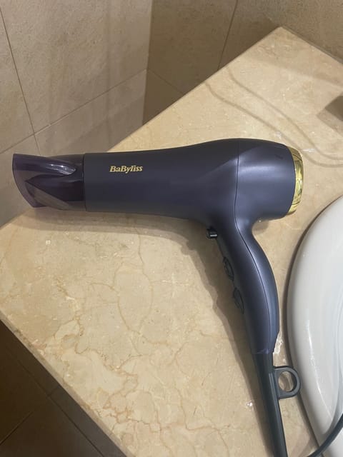 Bathtub, hair dryer, bidet, towels