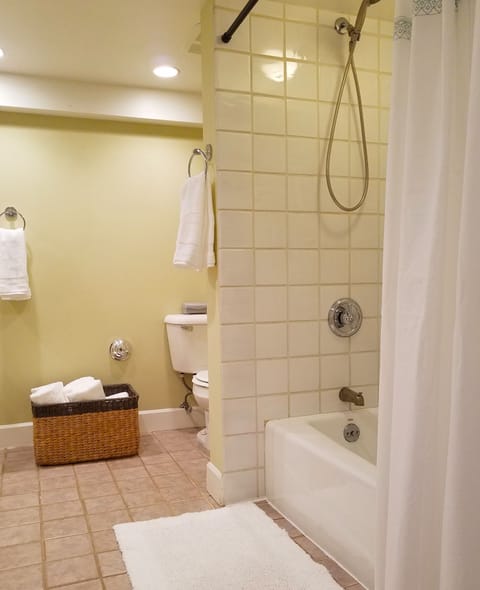 Combined shower/tub, hair dryer, towels, soap