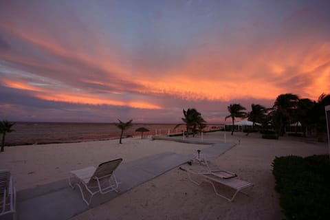 On the beach, sun loungers, beach towels