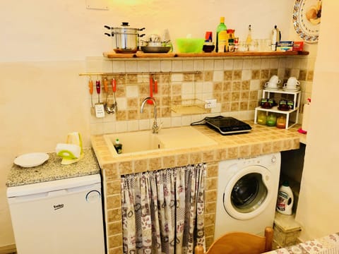 Fridge, stovetop, coffee/tea maker, spices