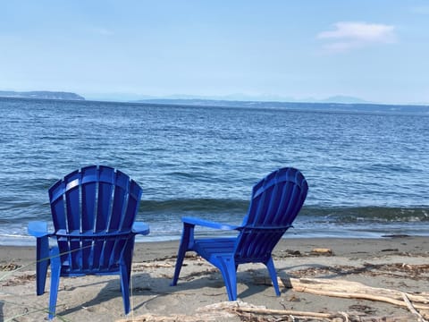 On the beach, sun loungers