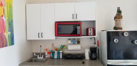 Fridge, microwave, stovetop, coffee/tea maker