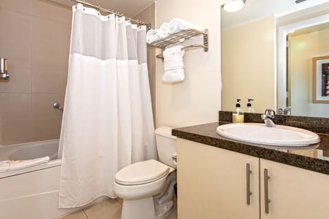 Combined shower/tub, hair dryer, towels, soap