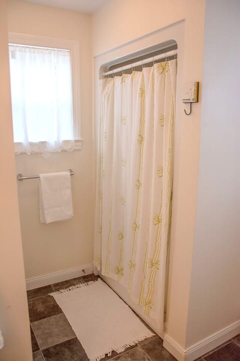 Combined shower/tub, hair dryer, towels, soap