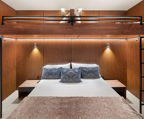 2nd bedroom w/ king (pillow-top mattress), 2 bunk beds, 65" 4K TV, full bath.