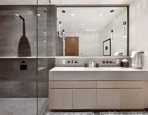 Master bath w/ European-style glass semi-enclosed massive shower and soaking tub