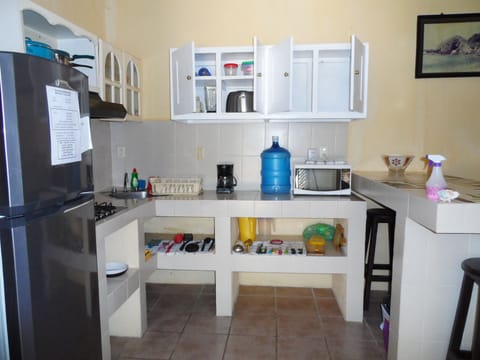 Fridge, microwave, stovetop, coffee/tea maker