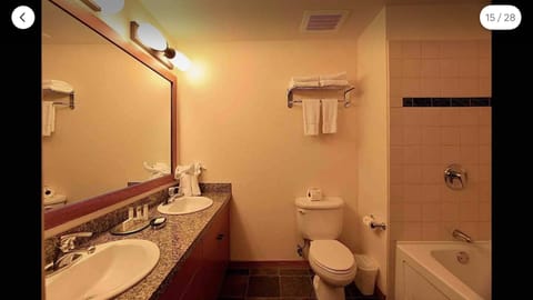 Combined shower/tub, hair dryer, towels, soap