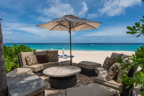 On the beach, sun loungers, beach towels