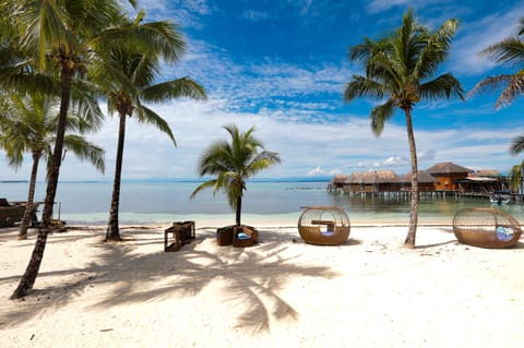 On the beach, sun loungers, beach towels