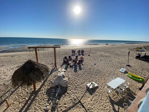 On the beach, sun loungers