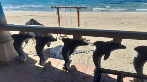 On the beach, sun loungers