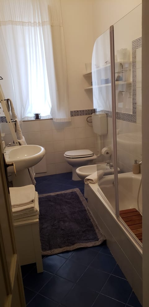 Combined shower/tub, hair dryer, towels, soap