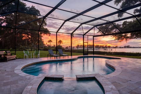 Large pool with spa, sunset view
