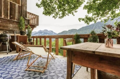 the beautiful patio on the bottom part of the chalet outlooking the mountains