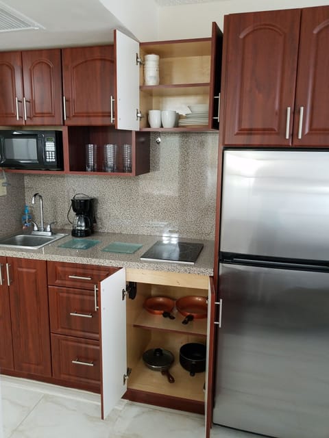 Fridge, microwave, stovetop, coffee/tea maker