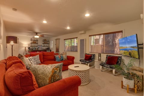 TV, fireplace, books