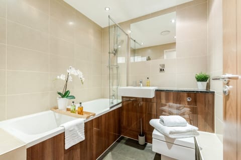 Combined shower/tub, hair dryer, towels, soap