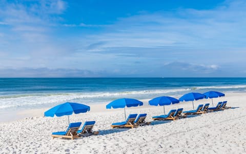 On the beach, sun loungers