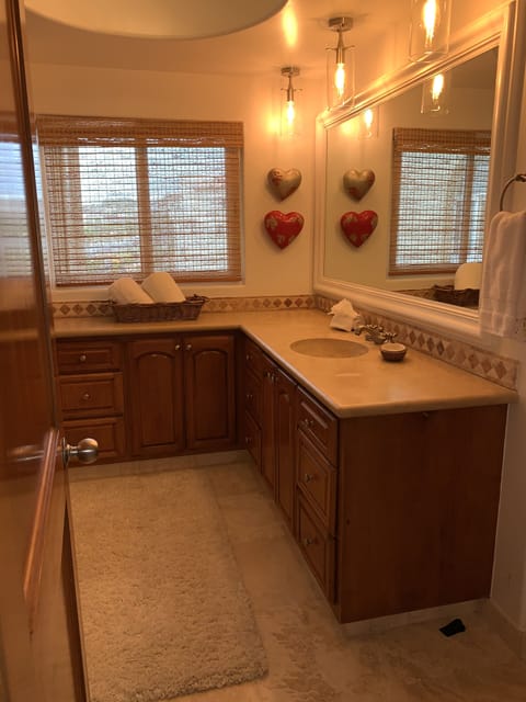 Combined shower/tub, jetted tub, hair dryer, towels