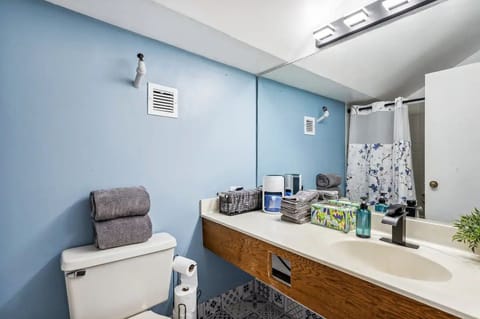 Combined shower/tub, hair dryer, towels, soap