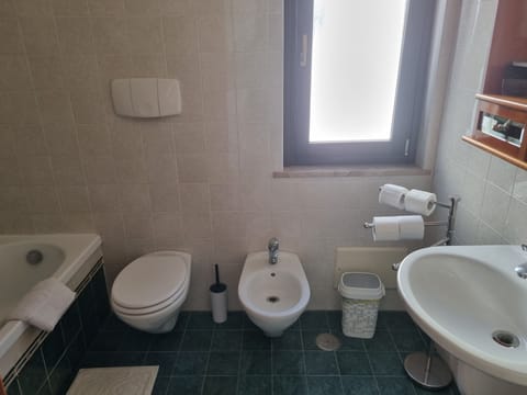 Combined shower/tub, hair dryer, bidet, towels