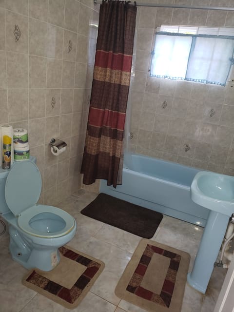 Combined shower/tub, hair dryer, towels, soap