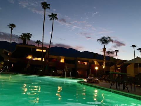 Outdoor pool, a heated pool, sun loungers