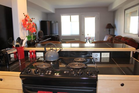 Open view of the living room, tv, patio and the valley!