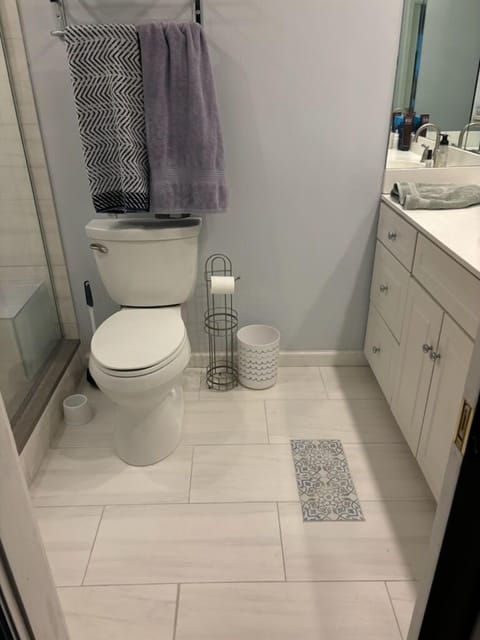 Combined shower/tub, hair dryer, towels, shampoo