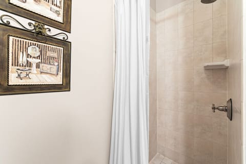 Combined shower/tub, hair dryer, towels