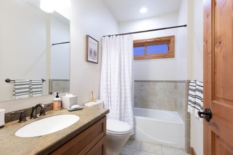 Combined shower/tub, hair dryer, towels, soap