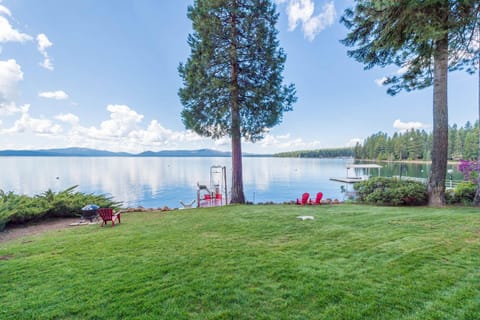 Spectacular view with large lawn leading to private boat dock
