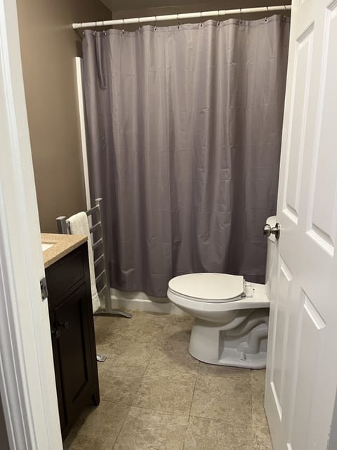 Combined shower/tub, hair dryer, towels, soap