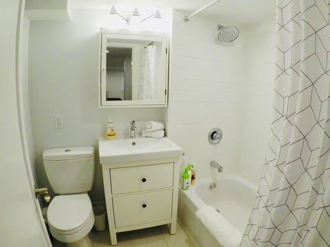 Combined shower/tub, hair dryer, towels, soap