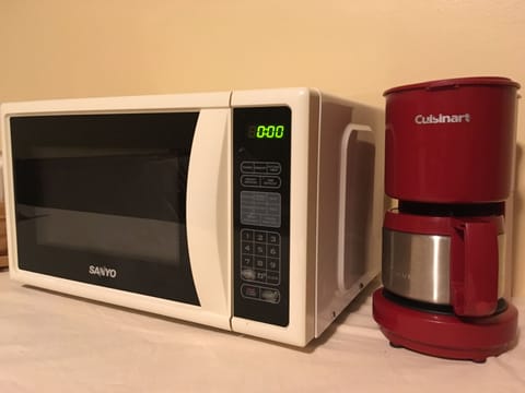 Fridge, microwave, coffee/tea maker, toaster