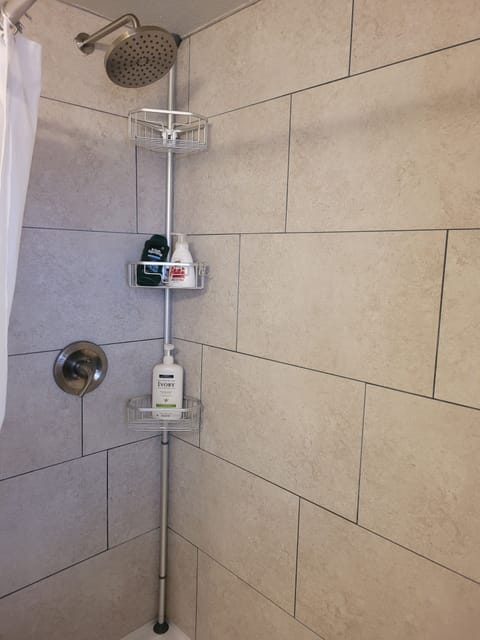 Combined shower/tub, hair dryer, towels, soap