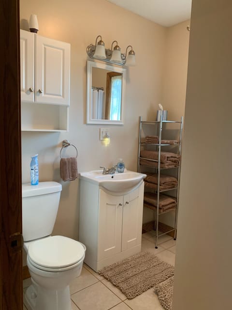 Combined shower/tub, hair dryer, heated floors, towels