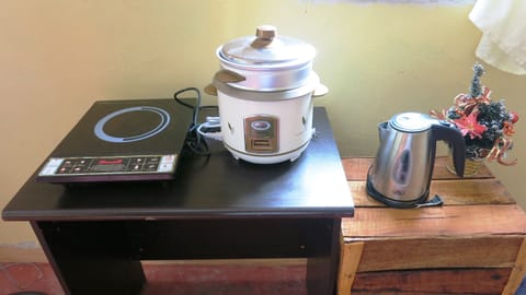 Fridge, electric kettle, cookware/dishes/utensils, spices