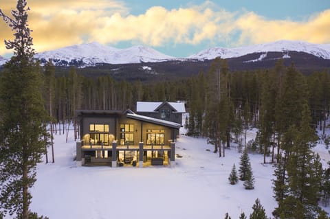 Aerial view of the chalet at sunset