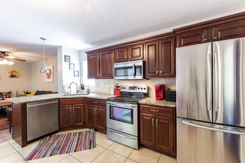 Kitchen with stainless steel appliances.
