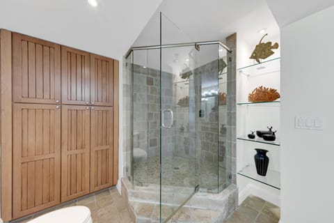 Combined shower/tub, hair dryer, towels, soap