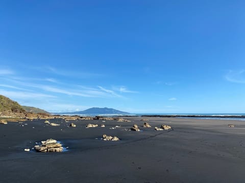 On the beach, sun loungers