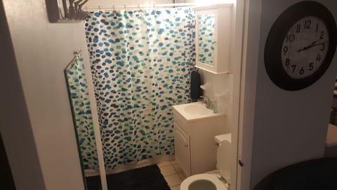 Combined shower/tub, hair dryer, soap, shampoo