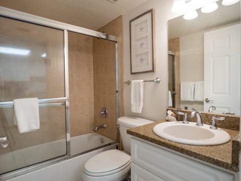 Combined shower/tub, hair dryer, towels