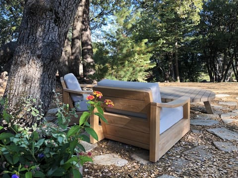 Comfortable swivel chairs outside.