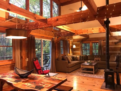 Open and bright great room with twinkle lights.