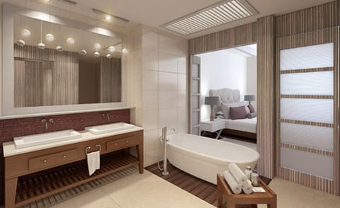 Shower, jetted tub, towels