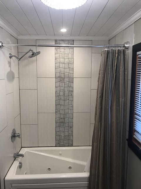 Shower, jetted tub, hair dryer, towels