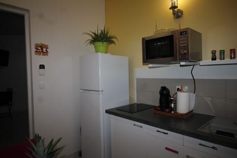 Fridge, microwave, stovetop, coffee/tea maker